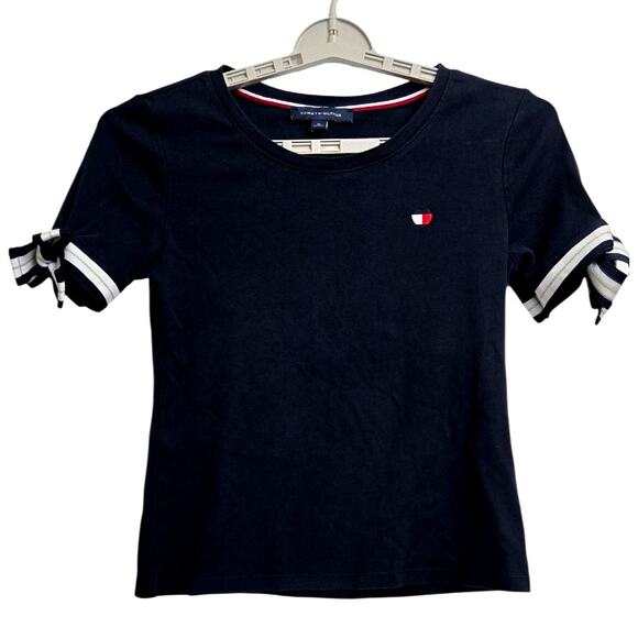 Tommy Hilfiger Women’s Medium Navy Tee Bow Sleeve Detail 100% Cotton Logo Shirt - Picture 1 of 6